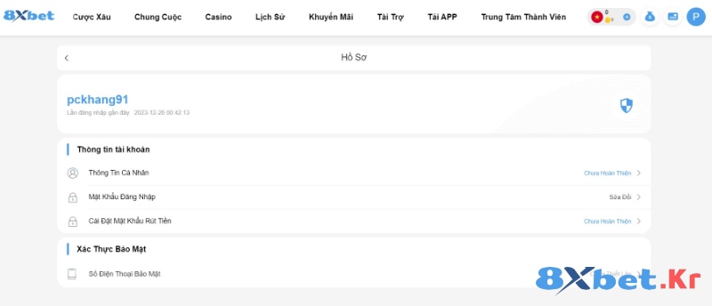 Cập nhật thông tin tài khoản 8Xbet