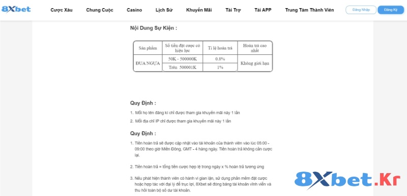 Điều khoản về khuyến mãi đua ngựa của 8Xbet