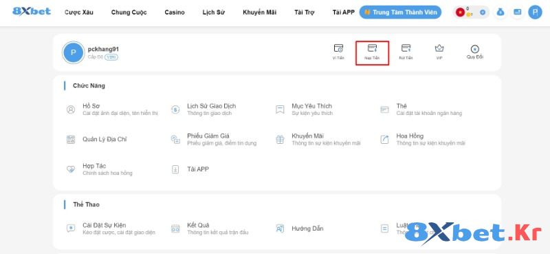 Nạp tiền vào 8Xbet 